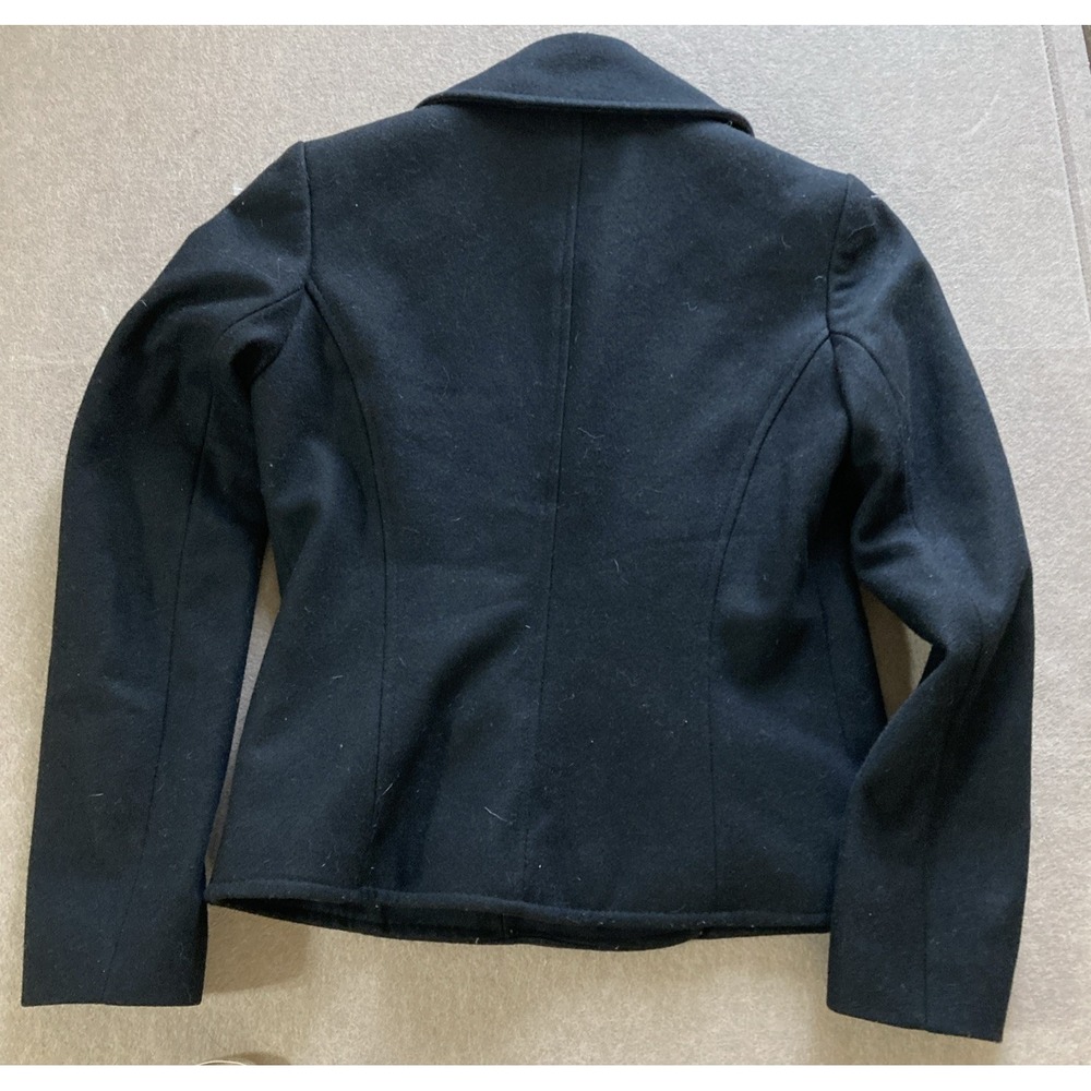 DKNY Wool Blend Pea Coat Sz 4 Black Ruffle Whimsy Goth Stadium Jacket Military - Picture 2 of 8